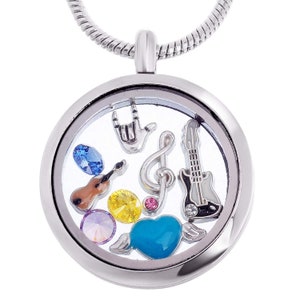 Music Floating Charms with Silver Glass Locket Pendant Necklace (50cm / 20&quot;), Musical Living Memory Charm, I Love Music Charms, w/ Gift Box