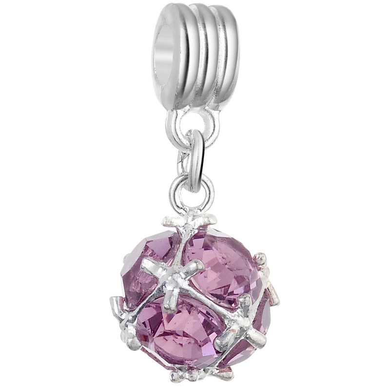 May include: A silver charm featuring a purple crystal ball encased in silver accents. The charm is designed for use on a bracelet or necklace.