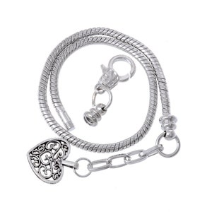 eArt Vintage Heart Charm European Bracelet Screw End Lobster Clasp Silver Snake Chain-  Free Shipping Worldwide #SNKCH-103