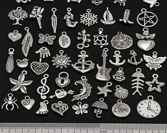 Mixed Assorted Silver Charms and Pendants, Metal Tibetan Charm Beads for Necklace Earrings Bracelet Jewelry Making, 50 Models as the picture