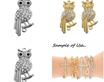 Silver/Gold Owl Sideways Crystal Connector, Clear Crystal Pave Metal Connector for Bracelet, Curved Connector DIY Jewelry Making, Owl Beads