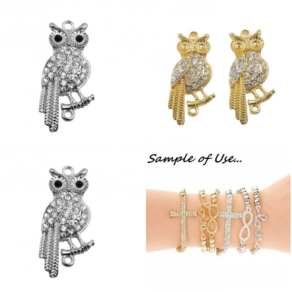Silver/Gold Owl Sideways Crystal Connector, Clear Crystal Pave Metal Connector for Bracelet, Curved