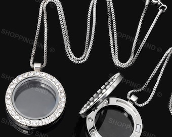 RUBYCA Memory Locket Necklace for Living Memory Floating Charms // Crystal Pave Silver Glass Locket Pendant // Necklace Length 20" 50cm