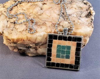 Handmade Mosaic Tile Necklace: Artisan Square Pendant, 20in Chain