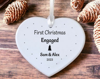 First Christmas Engaged Ceramic / Porcelain Heart Hanging Decoration Christmas Keepsake - gift for engaged couple