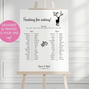 May include: A black and white seating chart for a wedding reception with a stag silhouette at the top. The chart lists the names of guests assigned to each table. The text at the bottom reads "Aimee & Jack 27th August 2022".