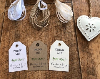 Drink Me -  Personalised Botanical Green Leaves Wedding Favour Tags - Kraft/White/Ivory