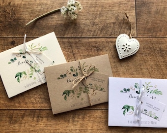 Pack of 10 Printed Wedding Invitation Sets - Concertina style with personalised guest tag - Info, Poem and RSVP  Botanical Green Leaves