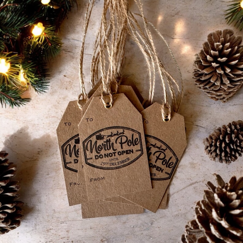 May include: A set of six brown paper gift tags with twine attached. Each tag has a black stamp that reads "North Pole Do Not Open Until 25th December" with a small image of Santa's sleigh and reindeer. The tags are arranged in a stack with the top tag partially covering the tags below.