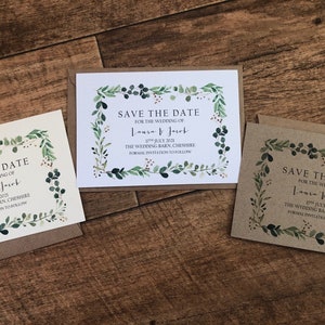 Pack of 10 Printed A6 Save The Date/Evening Card Wedding Botanical Green Leaves