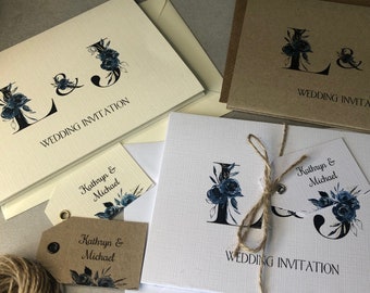 Pack of 10 Wedding Invitation Sets - Concertina style with personalised guests name tag - Info, Poem and RSVP Navy Blue Flowers Floral 111