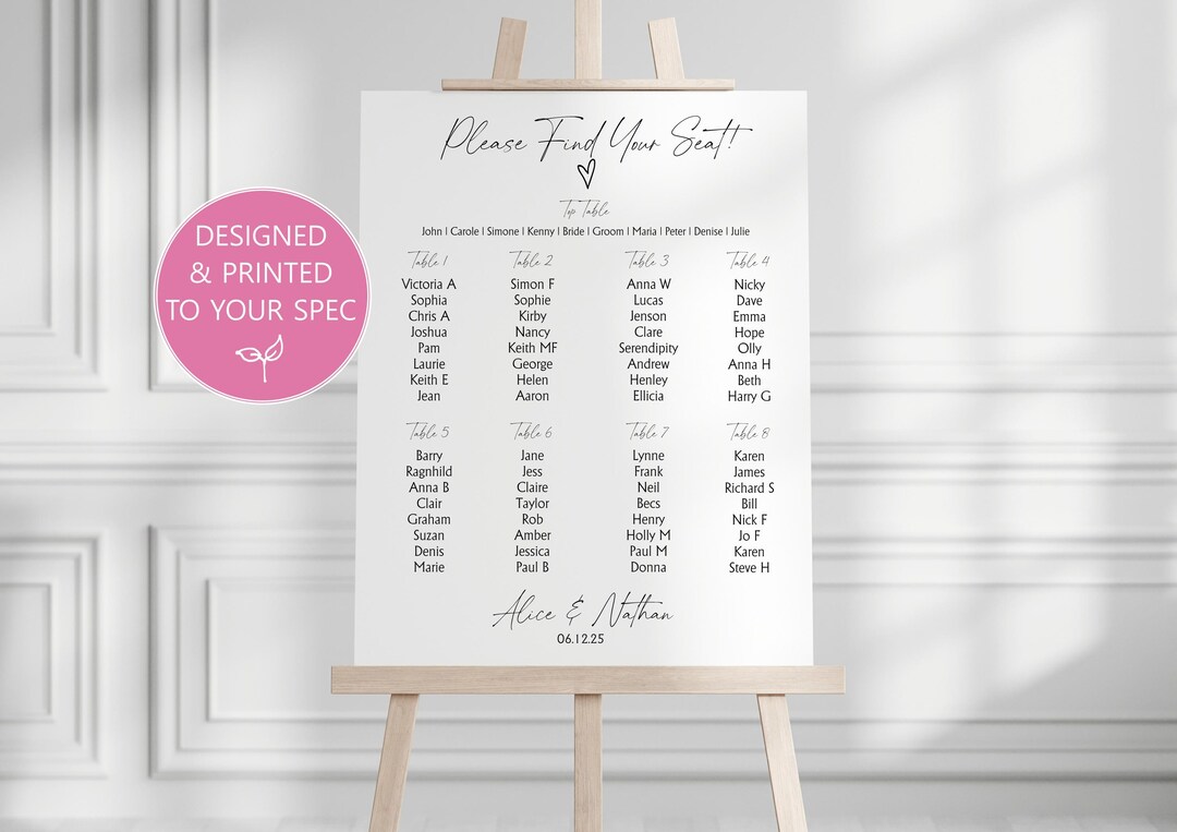 Designed and Printed Table Plan A1, A2 or A3 Foamex Board Seating Chart ...