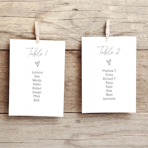 May include: Two white cards with black text and a small heart symbol. The top card says "Table 1" and lists names: Lorraine, Evie, Wendy, Helen, Robert, Joseph, Mick, Beth. The bottom card says "Table 2" and lists names: Mathew T, Finley, Richard T, Daisy, Katie, Kate, Neve, Jeannette.