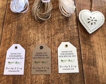 Thank you for sharing our special day -  Personalised Botanical Green Leaves  Wedding Favour Tags - Kraft/White/Ivory