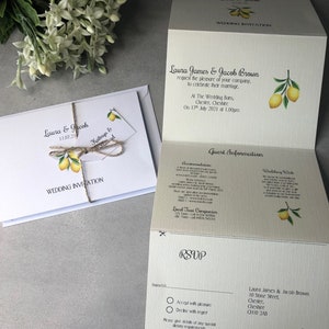 Pack of 10 Wedding Invitation Sets - Concertina style with personalised guests name tag - Info, Poem and RSVP  Yellow Lemon Greenery 151