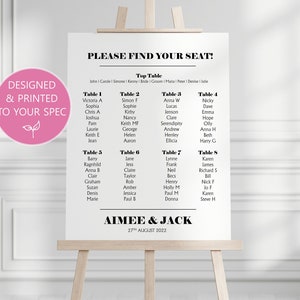 May include: A black and white wedding seating chart with the text "Please Find Your Seat!" and "Aimee & Jack" with the date "27th August 2022". The chart lists the names of guests assigned to different tables.