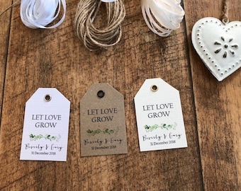Let Love Grow -  Personalised Botanical Green Leaves  Wedding Favour Tags - Kraft/White/Ivory