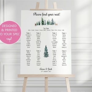 May include: A wedding seating chart with a woodland theme. The chart is printed on a white background with a watercolour illustration of a forest scene. The names of the guests are listed under each table number. The text at the top of the chart reads "Please find your seat!" and the bottom of the chart reads "Aimee & Jack 27th August 2022".