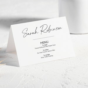Personalised Printed Tent Folded Large Place Name and combined Menu Cards - Wedding Party Dinner Table  - Simple Modern 203
