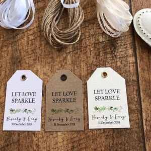 Let Love Sparkle -  Personalised Botanical Green Leaves Wedding Favour Tags - Kraft/White/Ivory