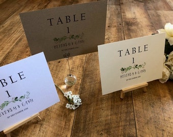 Personalised Printed A5 A6 Table Number / Name Cards - Wedding Botanical Green Leaves