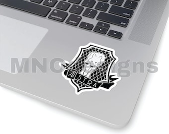 May include: Black and white sticker of a wolf's head inside a shield with the word "ASTRA" written on a banner below the shield.