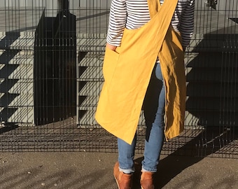 Mustard Yellow Ramie Linen Japanese Apron: Crossover Back, Big Pockets