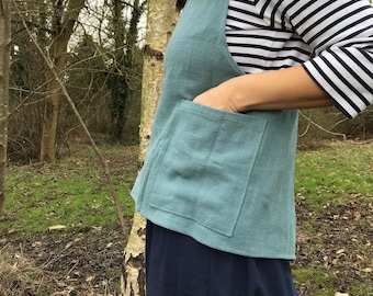 Short cross over top for layering in ramie linen - short Japanese ramie linen apron teal with pockets - waistcoat