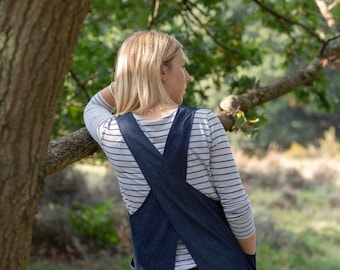 Dark Blue Denim Japanese Apron: Crossover Back, Large Pockets