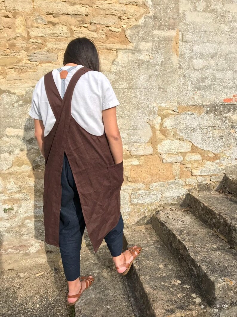 Dark Brown Linen Japanese Apron Smock Dress With Crossover Etsy