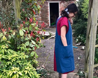 Japanese crossover apron dress smock pinafore in petrol blue