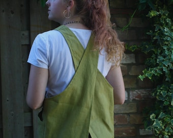Short cross over top for layering - short Japanese ramie linen apron chartreuse green with pockets - waistcoat