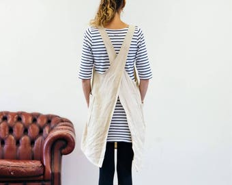 Natural beige cream ramie linen, Japanese apron, with crossover back and big pockets! A perfect gift!