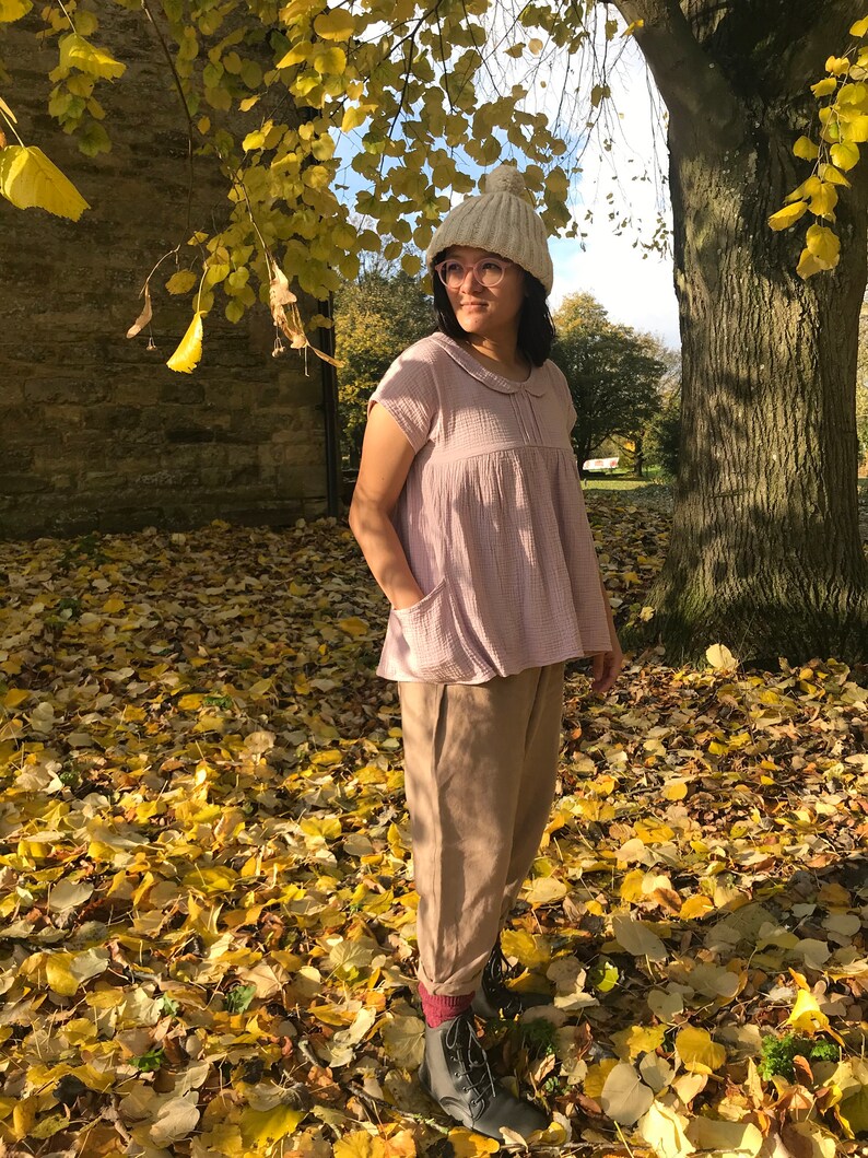 Heavyweight linen trousers with elasticated stretch waist in fawn brown UK 1214