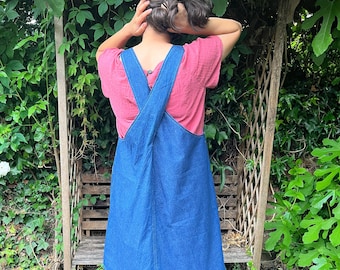 Japanese apron smock workwear dress, dungaree overalls light blue denim with big pockets