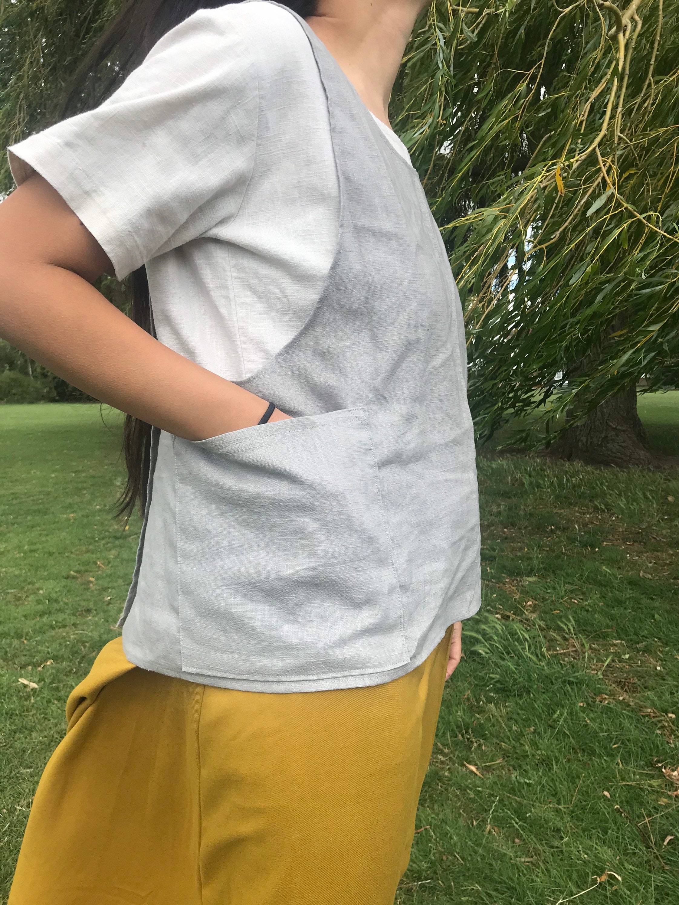 Image of Short Cross Over Top For Layering in Linen - Short Japanese Apron Grey With Pockets Waistcoat