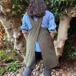 Green chunky cotton corduroy Japanese apron hard wearing smock dress - for layering, crafting, cooking, creating getting mucky! gift idea