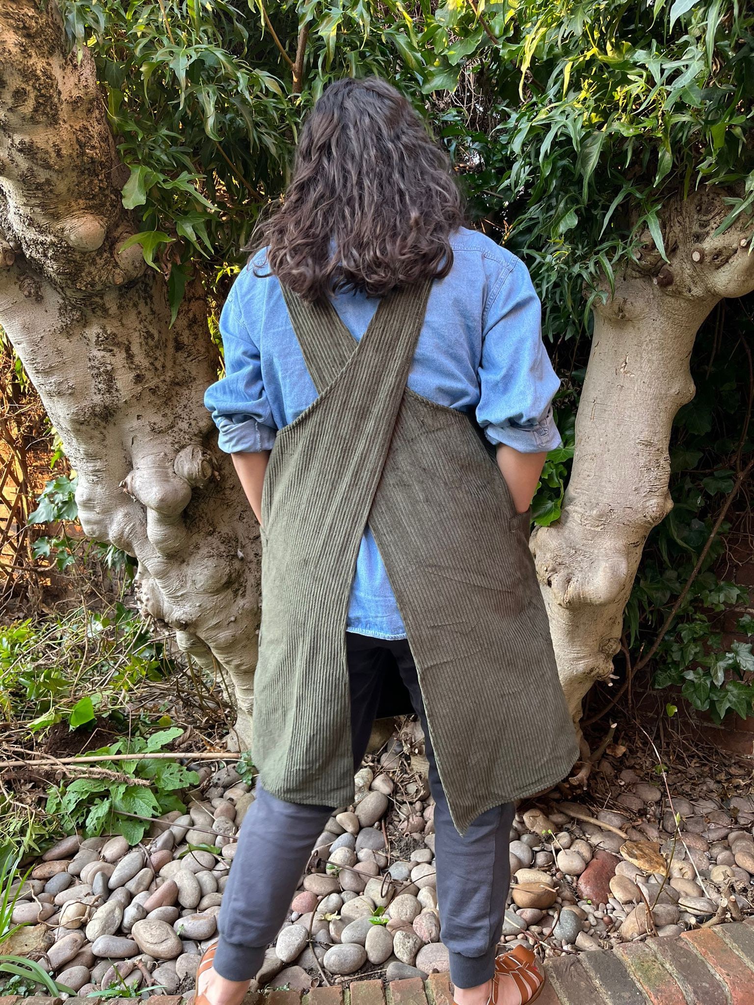Green chunky cotton corduroy Japanese apron hard wearing smock dress - for layering, crafting, cooking, creating getting mucky! gift idea