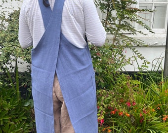 Cornflower blue soft heavyweight linen Japanese apron, with crossover back and big pockets! A perfect gift!