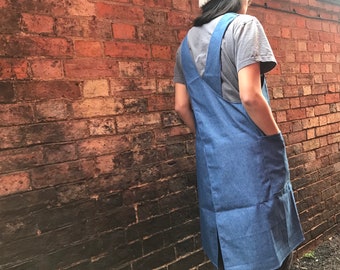 Light Blue Denim Japanese apron, with crossover back and big pockets for hardcore creating! A perfect gift!