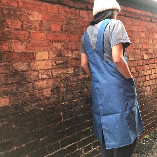 Light Blue Denim Japanese apron, with crossover back and big pockets for hardcore creating! A perfect gift!