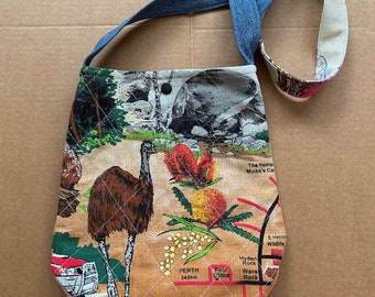 handmade shoulder Bag, up-Cycled, Vintage Tea Towel, Australiana, Kangaroo, emu, One of a Kind