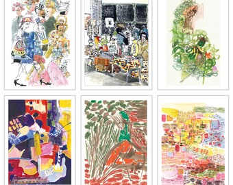 May include: A collection of six abstract paintings in various styles and colors. The paintings feature geometric shapes, lines, and textures. Some of the paintings are more abstract, while others are more representational.