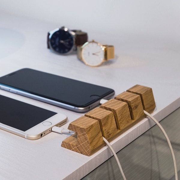 Cable Holder Wood – Cable Management for Desk  & Charger Organizer Handmade of Natural Oak, Cool Gift for Office Desk