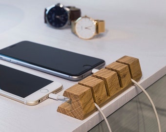 Cable Holder Wood – Cable Management for Desk  & Charger Organizer Handmade of Natural Oak, Cool Gift for Office Desk