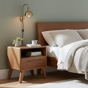 Handmade Beech Wood Nightstand with Shelf - Mid Century Modern Bedside Table