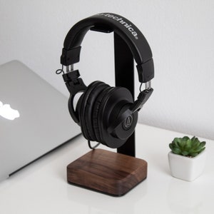 Headphone Stand Wood Steel and Wood Headphone Holder Makes Great Gift for Music Lover Black Metal Headset Stand, valentines gifts for him Walnut