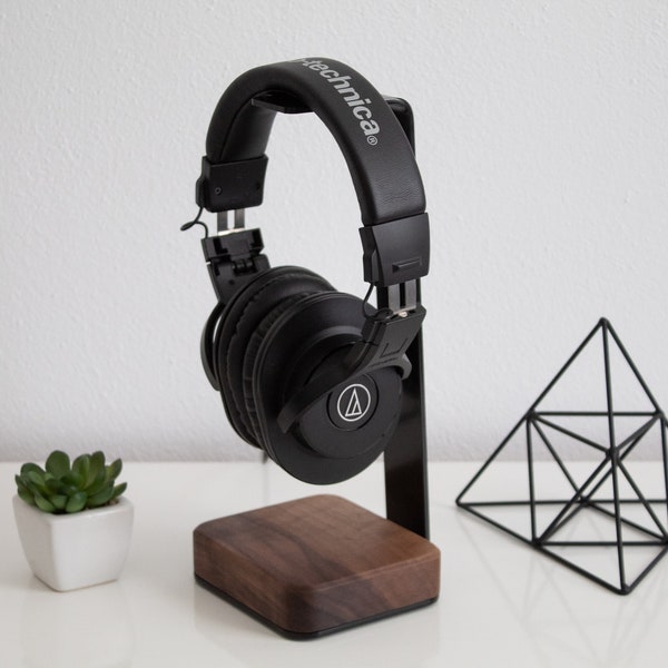 Support pour casque en bois - Le support pour casque en acier et bois est un excellent cadeau pour les mélomanes. Support pour casque en métal noir, cadeaux de la Saint-Valentin pour lui