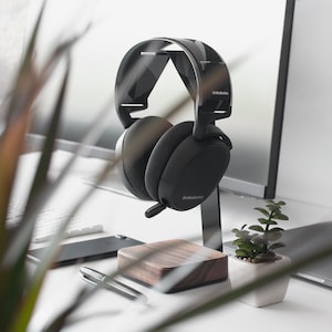 Headphone Stand Wood Steel and Wood Headphone Holder Makes Great Gift for Music Lover Black Metal Headset Stand, valentines gifts for him image 4
