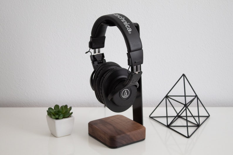 Headphone Stand Wood Steel and Wood Headphone Holder Makes Great Gift for Music Lover Black Metal Headset Stand, valentines gifts for him image 1